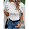 Tricou Privé cu Broderie Eyelet, Mâneci Bufante și Guler Mock Neck pentru Femei