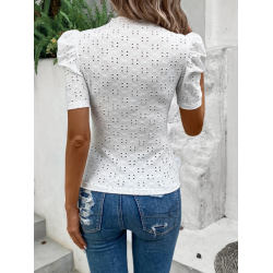 Tricou Privé cu Broderie Eyelet, Mâneci Bufante și Guler Mock Neck pentru Femei