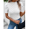 Tricou Privé cu Broderie Eyelet, Mâneci Bufante și Guler Mock Neck pentru Femei