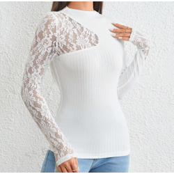 Bluză pentru Femei cu Guler Mock Neck și Dantelă Contrastantă