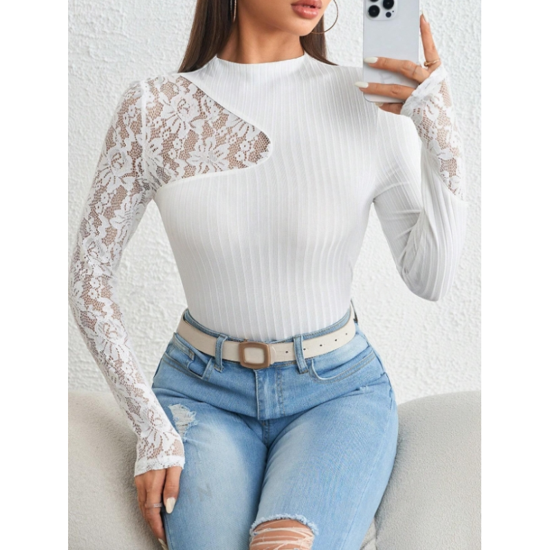 Bluză pentru Femei cu Guler Mock Neck și Dantelă Contrastantă