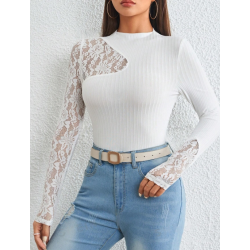 Bluză pentru Femei cu Guler Mock Neck și Dantelă Contrastantă