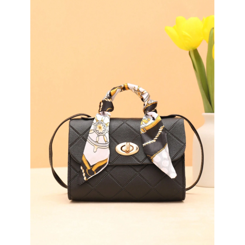 Geantă Pătrată Mică Decorată cu Eșarfă de Mătase și Fundă - Ideală pentru Cumpărături