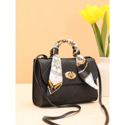 Geantă Pătrată Mică Decorată cu Eșarfă de Mătase și Fundă - Ideală pentru Cumpărături