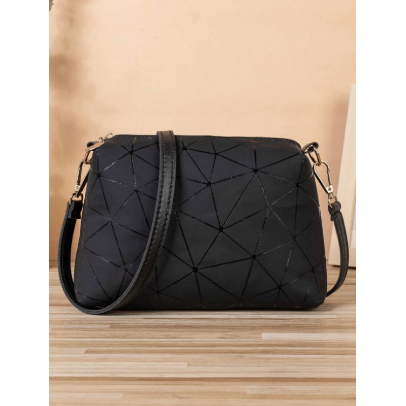 Geantă Pătrată Mică, Model Geometric, Neagră Solidă, Crossbody pentru Femei
